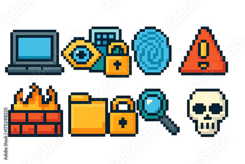 Cybersecurity pixel icon set. security, digital protection icons in retro pixel art.