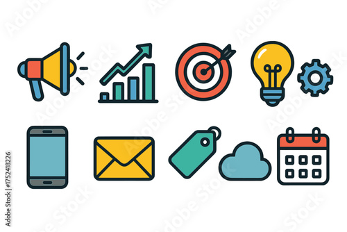 Digital marketing flat icon set. seo, advertising, analytics, email, strategy illustrations