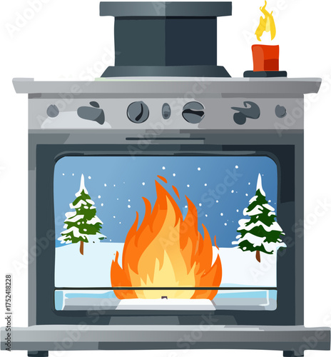 burning stove with a stove,yanan soba,kış manzaralı soba 