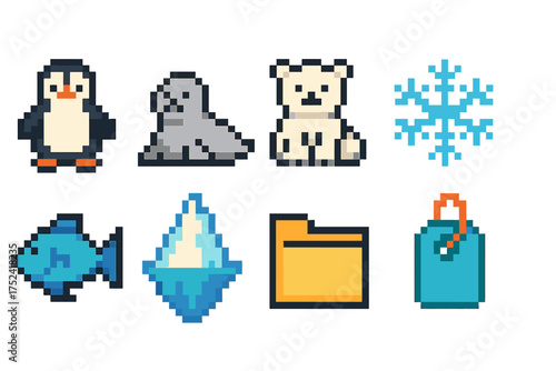 Winter animals flat icon set. penguin, seal, polar bear pixel-art icons collection