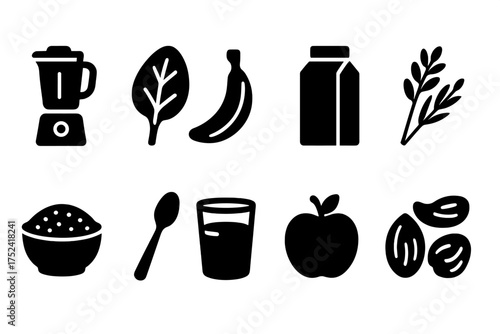 Healthy food solid icon set. fruits, vegetables, and drink icons collection