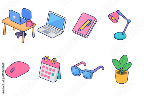 Office essentials icon set. work, productivity icons flat collection
