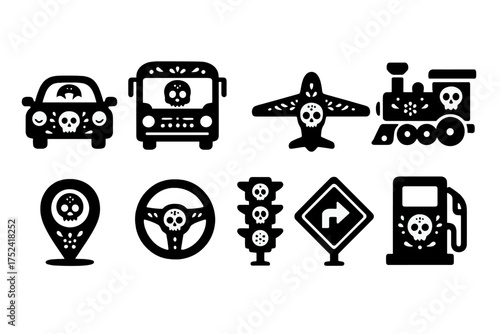 Day of the dead transportation icon set. festival skull symbols silhouette collection