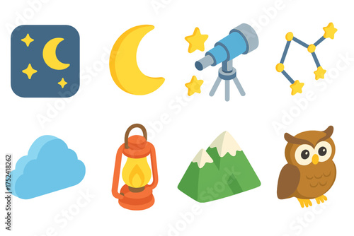 Night sky flat icon set. astronomy, celestial bodies, and stargazing icons collection.