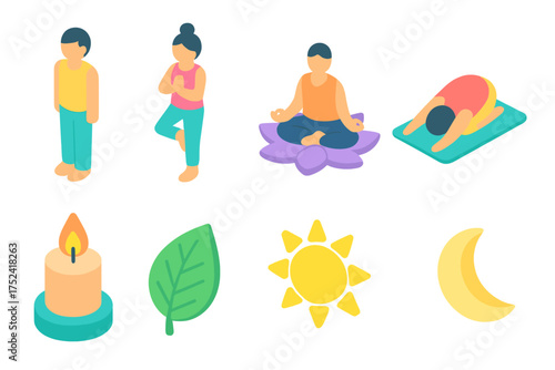 Yoga and wellness flat icon set. meditation, fitness, and relaxation icons collection.