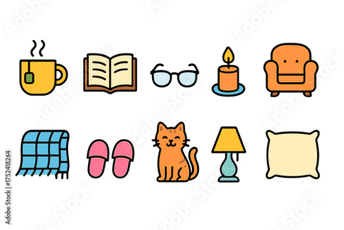 Cozy living flat icon set. comfort, home items and relaxation essentials collection.