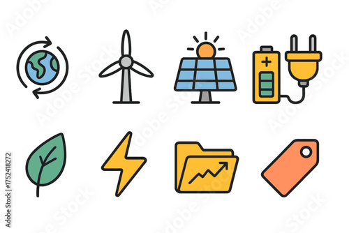 Renewable energy outline icon set. sustainability and green power icons collection