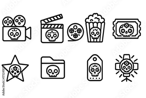 Mexican cinema line icon set with sugar skull theme, perfect for day of the dead