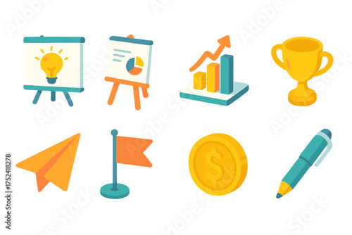Business and finance flat icon set. marketing, strategy, growth icons collection