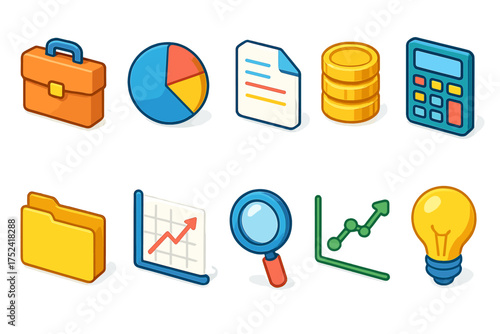 Business and finance icon set. 3d icons for charts, calculations, and analysis