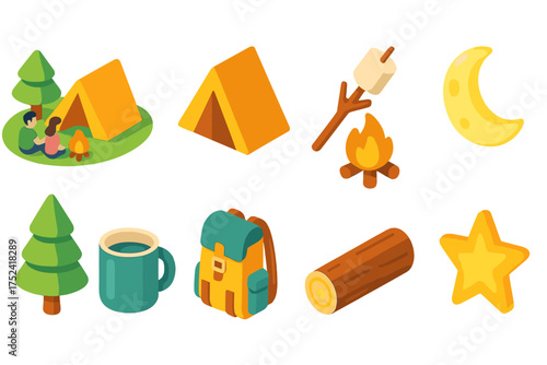 Camping and outdoors flat icon set. adventure, nature, recreation icons for your projects