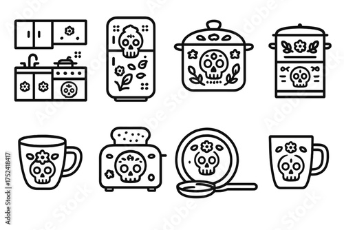 Day of the dead kitchen icon set. skulls, flowers in outline style.
