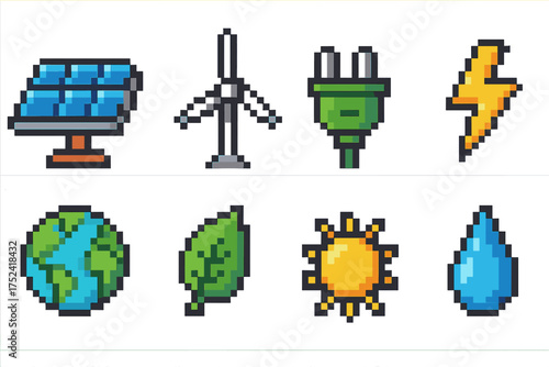 Renewable energy pixel icon set. solar, wind, eco-friendly symbols pixel art collection