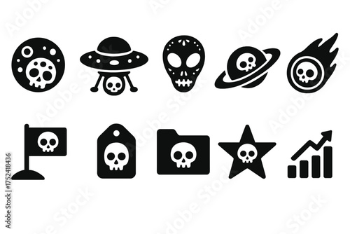 Skull and space silhouette icon set. alien, planet, badge silhouette collection