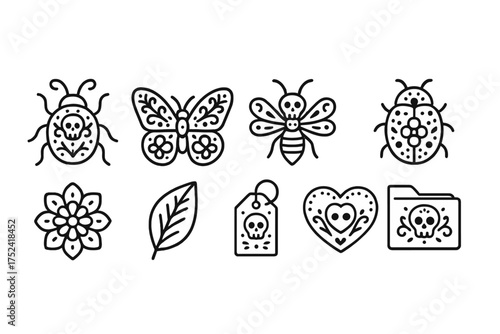 Dia de los muertos outline icon set. skull, flowers, butterfly line art collection