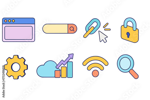 Technology, web development flat icon set. digital, internet symbols flat collection