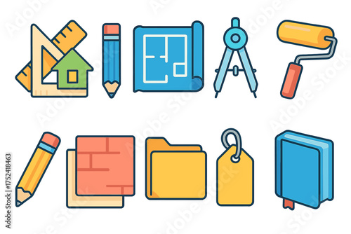 Construction and planning flat icon set. architecture and design tools collection.