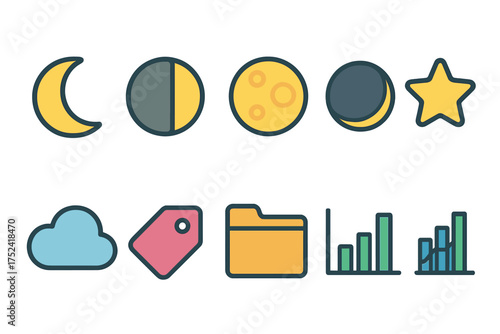 Business and nature icon set in outline style. moon, cloud, and finance icons collection
