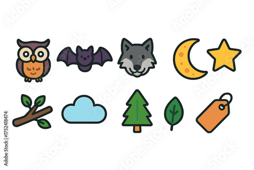 Woodland creatures flat icon set. animals, nature, and nighttime elements collection