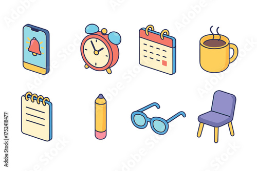 Office essentials icon set featuring flat style calendar, coffee, and alarm.