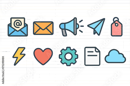 Communication and office flat icon set. email, document, cloud, heart flat icons