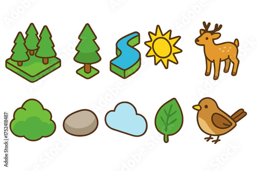 Nature flat icon set. trees, animals, river, sun, and leaf icons flat collection
