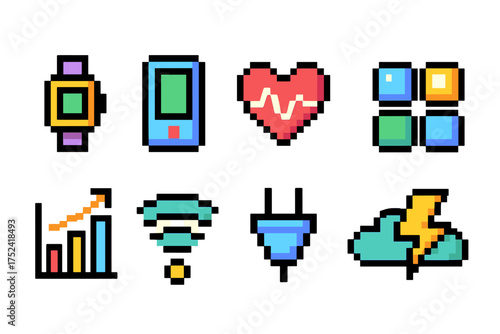 Pixel art icon set. technology, health, data, energy icons in colorful pixel art style