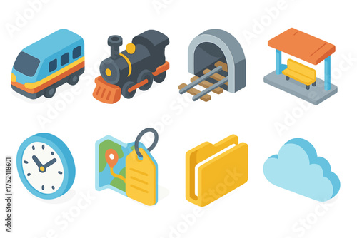 Transportation and travel 3d icon set. vehicles, train, map, travel symbol collection