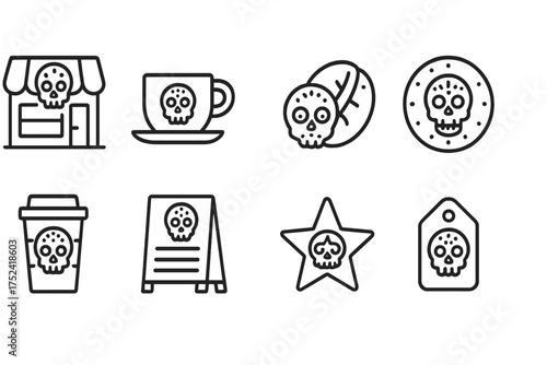 Day of the dead outline icon set. dia de los muertos skull outline icon collection.