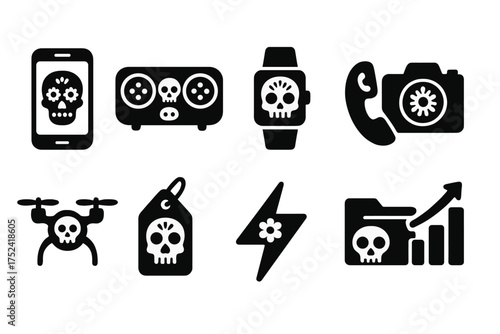 Tech and entertainment solid icon set for day of the dead celebration