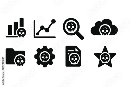 Business analytics solid icon set. charts, data, gear icons with skull elements