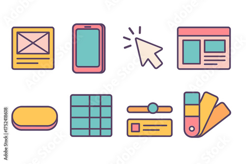 Web development flat icon set. ui, ux, coding, design tools icons collection