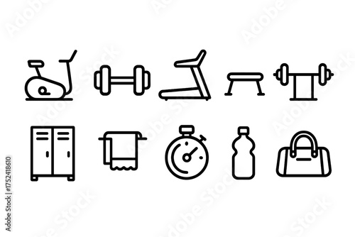 Fitness and gym equipment icon set with outline style for health and workout themes