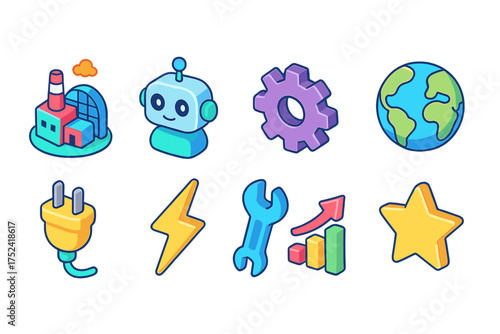 Technology and industry icon set. 3d collection of robotic, global, and industry icons.