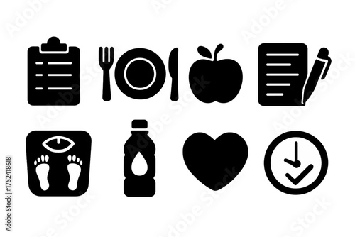 Healthy lifestyle solid icon set. diet, fitness, and wellness symbols collection