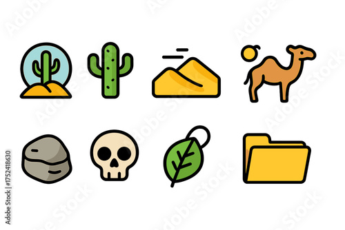 Desert adventure icon set. flat icons for travel, nature, and wildlife themes
