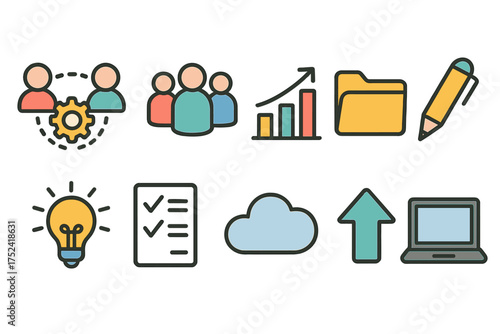 Business and teamwork flat icon set. collaboration, success, productivity icons.