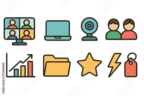 Business and communication flat icon set for online meetings and collaboration