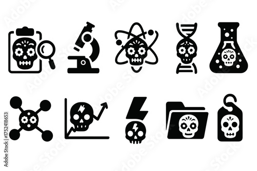 Science lab silhouette icon set. chemistry, skull, dna, microscope symbols collection