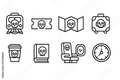 Travel, transportation outline icon set. skulls, maps, luggage symbols collection