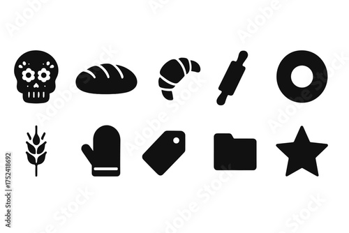 Food and kitchen silhouette icon set. bakery, cooking symbols in silhouette style