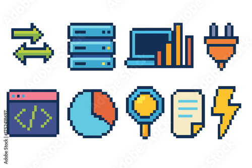 Pixel technology icon set. colorful, retro, 8-bit computer icons collection