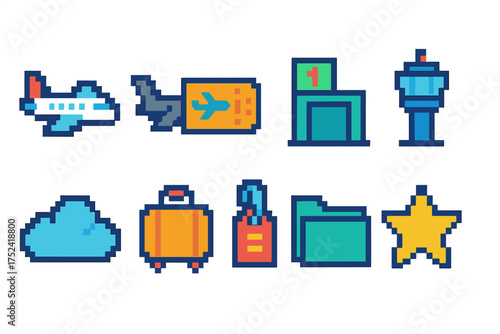Travel and tourism pixelated icon set. airplane, luggage, cloud, star icons flat style