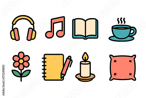 Music and relaxing flat icon set. leisure, hobby, and comfort icons collection