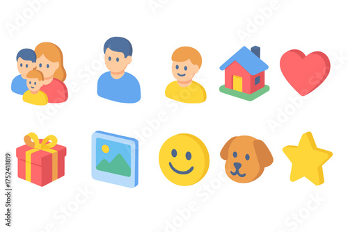 Family, home, and emotion 3d icon set. heartfelt, fun icons in vibrant 3d style