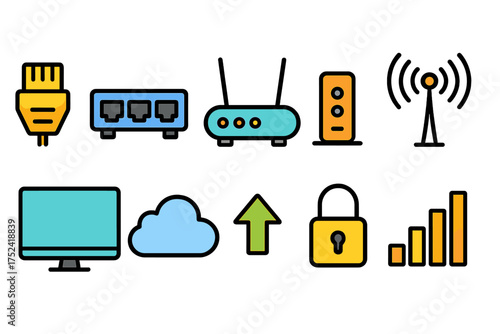 Networking and communication flat icon set. technology, connectivity flat icons collection