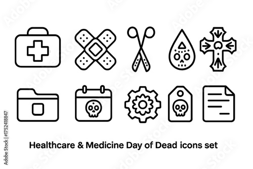 Healthcare, day of the dead linear icon set. medical, cultural outline icon collection