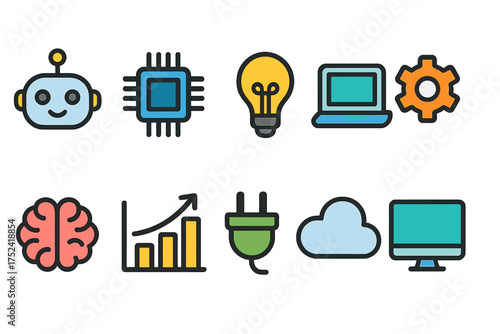 Technology and innovation icon set. computer, robotics, ai icons flat collection