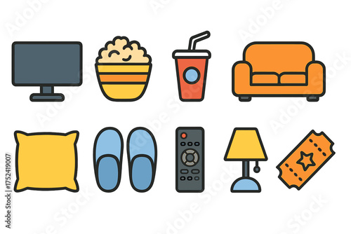 Home entertainment icon set. cozy, leisure, flat icons for relaxing at home
