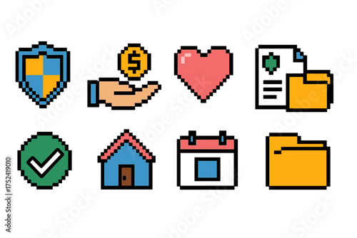 Finance and business pixel icon set. flat pixel-style icons for digital projects.